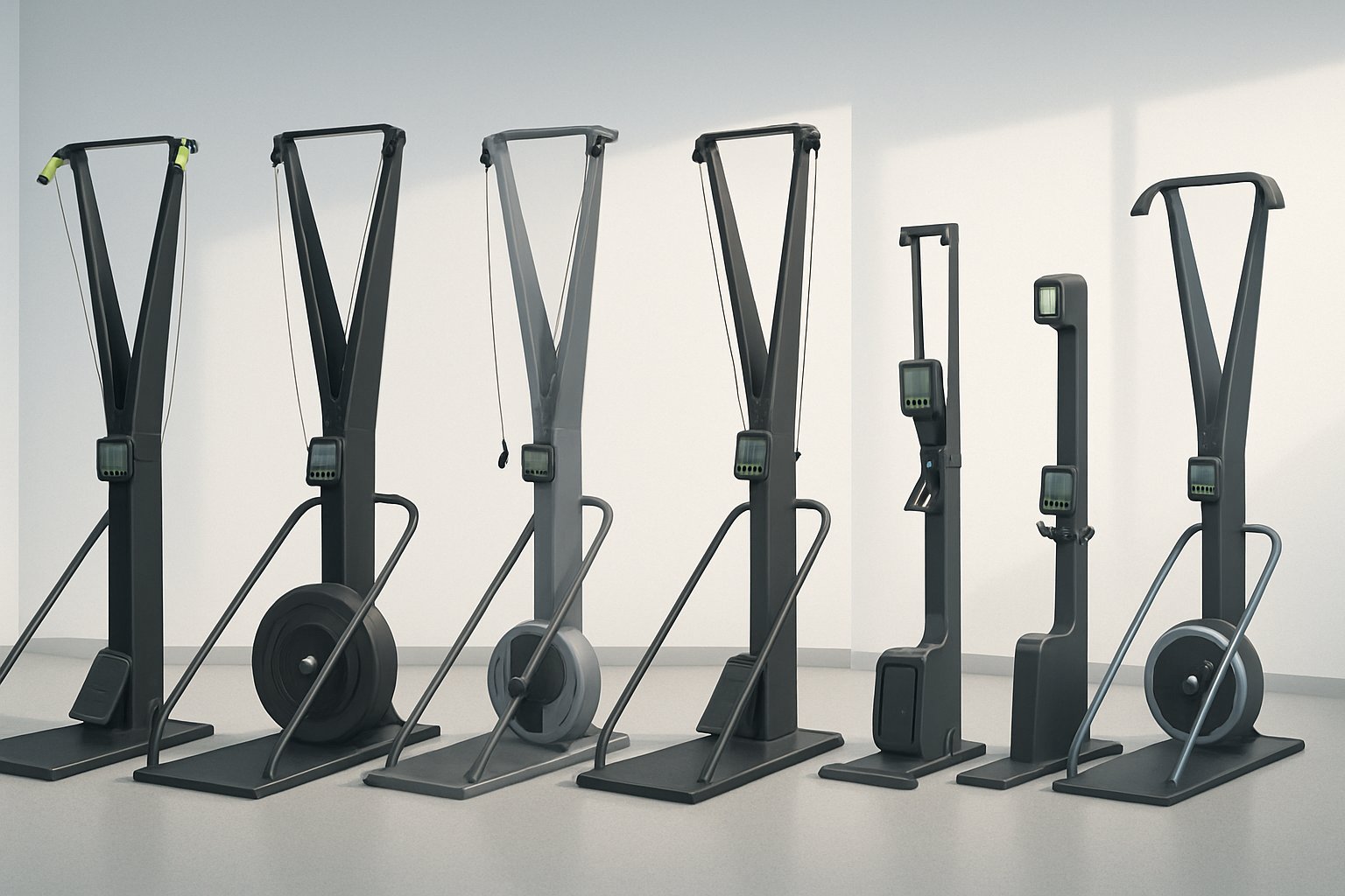 Sju olika stakmaskiner uppställda sida vid sida för jämförelse i ett modernt gymmiljö.