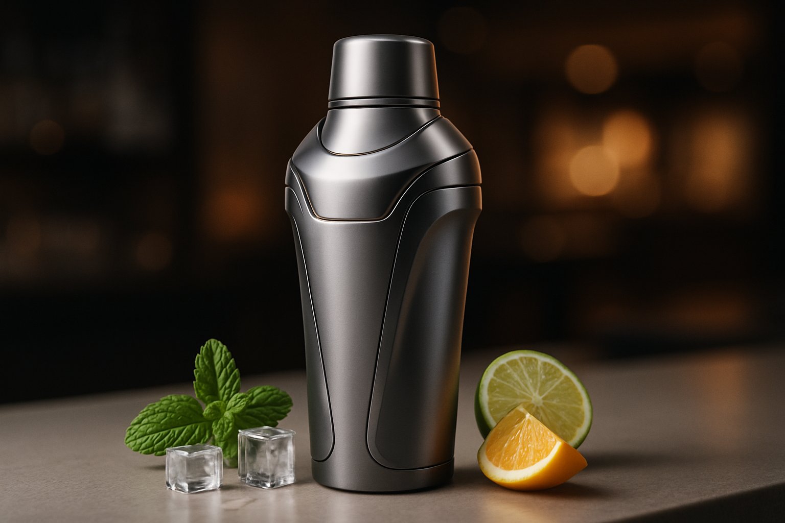 En elegant cocktailshaker på en bardisk med färska ingredienser runtomkring.