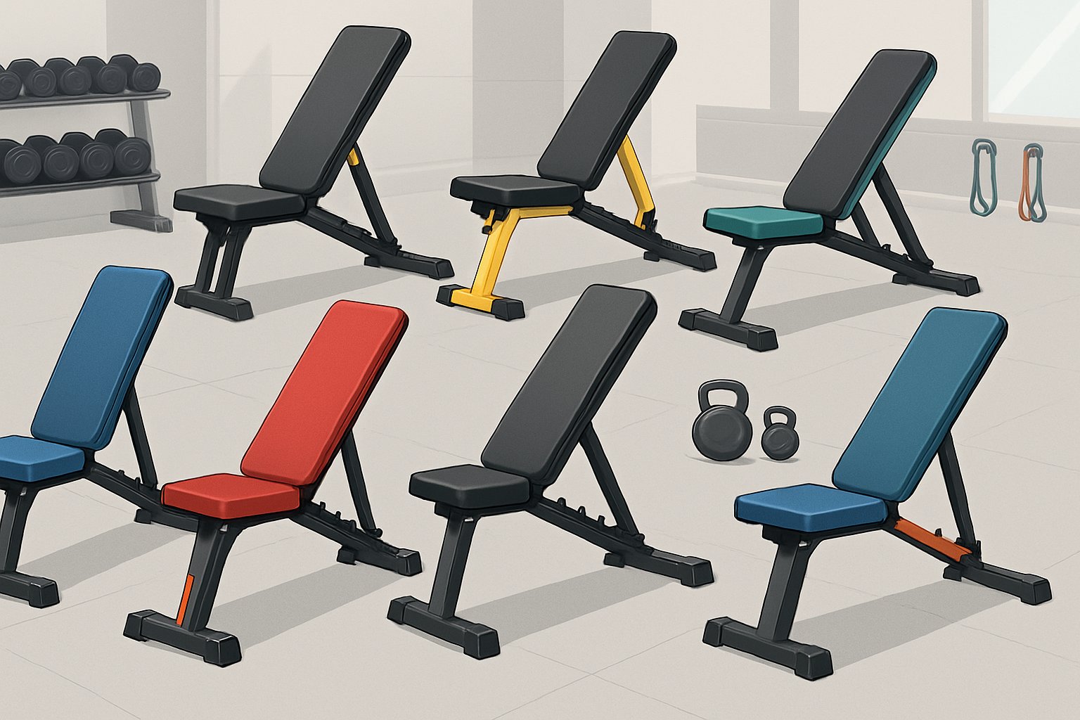 Sju olika träningsbänkar i ett modernt gymmiljö utan text.