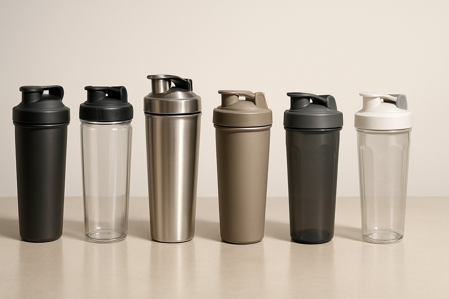 Sju olika shakerflaskor uppradade på en jämn yta, tydligt visande olika modeller för 2025.