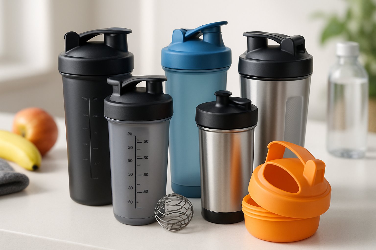 Olika moderna proteinshakers på ett rent underlag med träningsrelaterade föremål i bakgrunden.