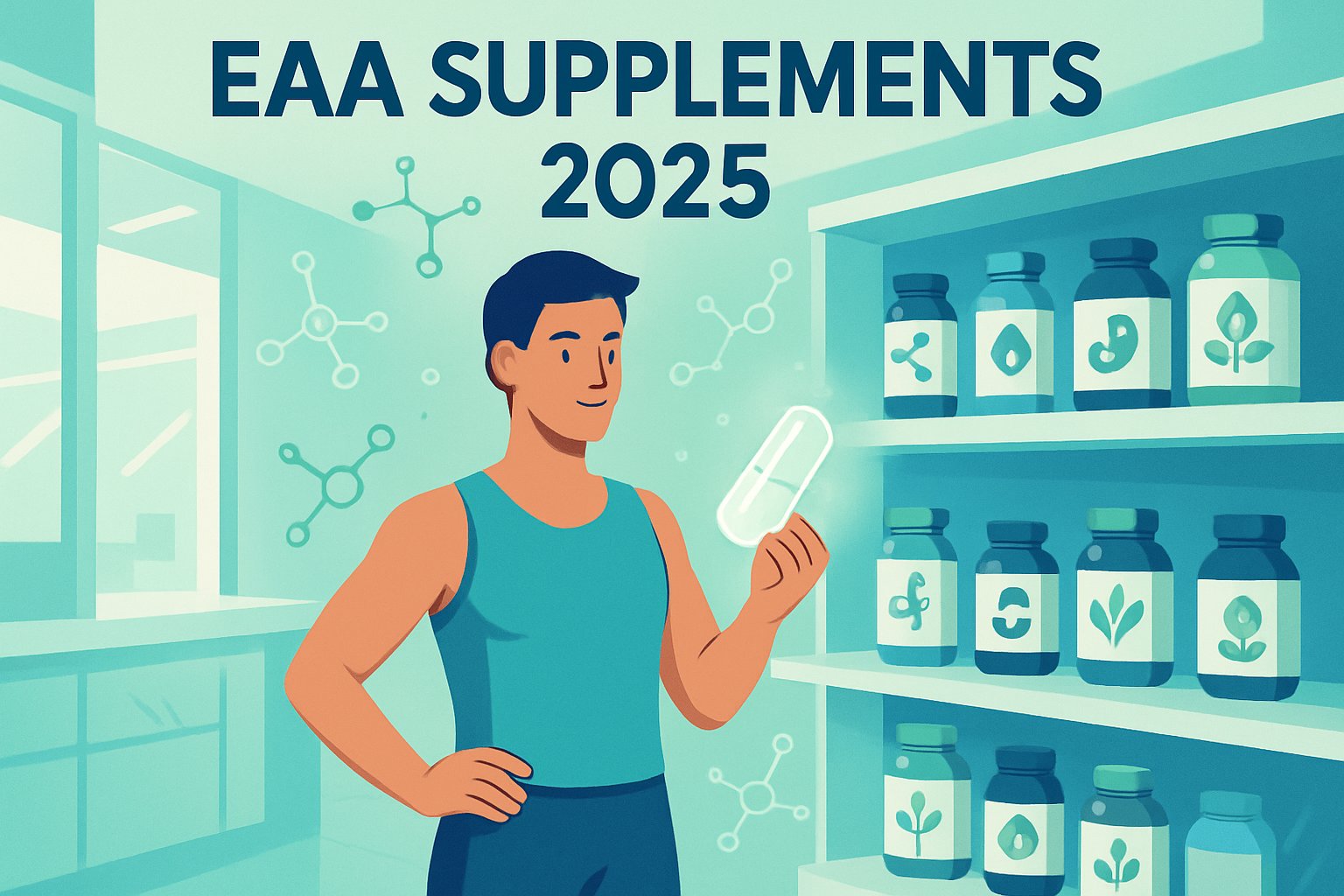 En person i träningskläder håller en kapsel framför hyllor med kosttillskott i en hälsobutik med molekylstrukturer i luften.