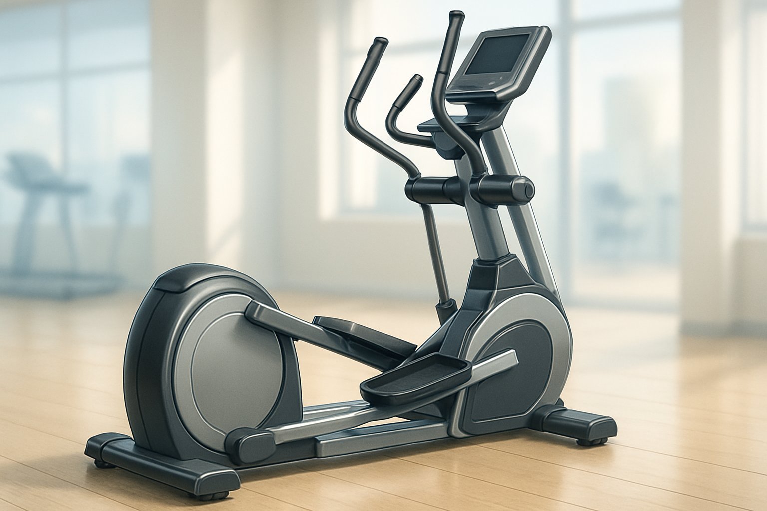 En crosstrainer i ett gymmiljö med träningsutrustning i bakgrunden.