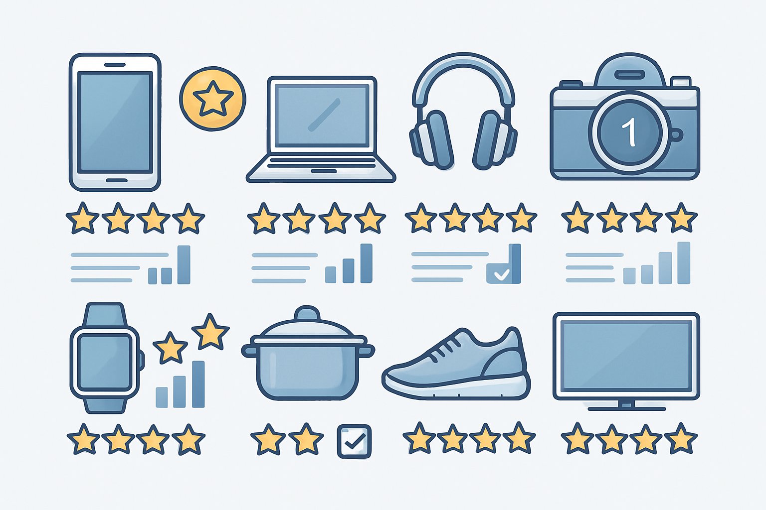 En illustration som visar sju olika produkter jämförda sida vid sida med ikoner och visuella indikatorer för deras prestation.