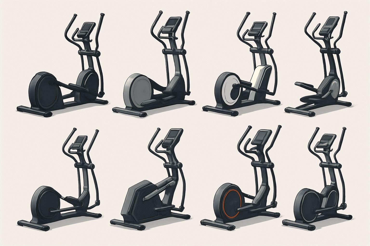 Sju olika crosstrainers arrangerade sida vid sida i en ren och organiserad miljö.