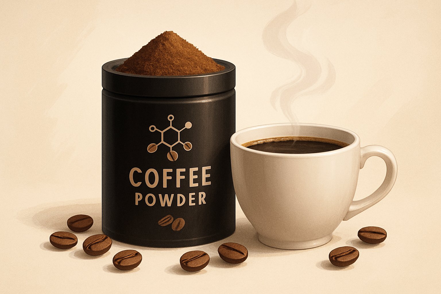 En kaffeburk med kaffepulver, kaffebönor och en ångande kopp kaffe på ett rent bord.