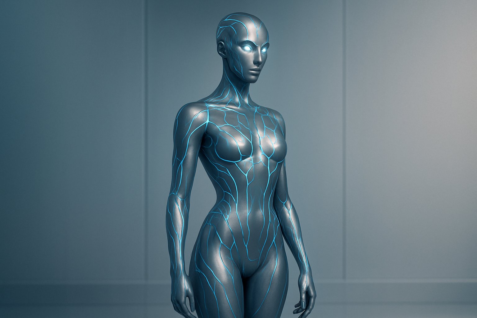 En futuristisk humanoid figur med metallisk hud och blå lysande mönster står i en enkel miljö med blå och silverfärgade toner.