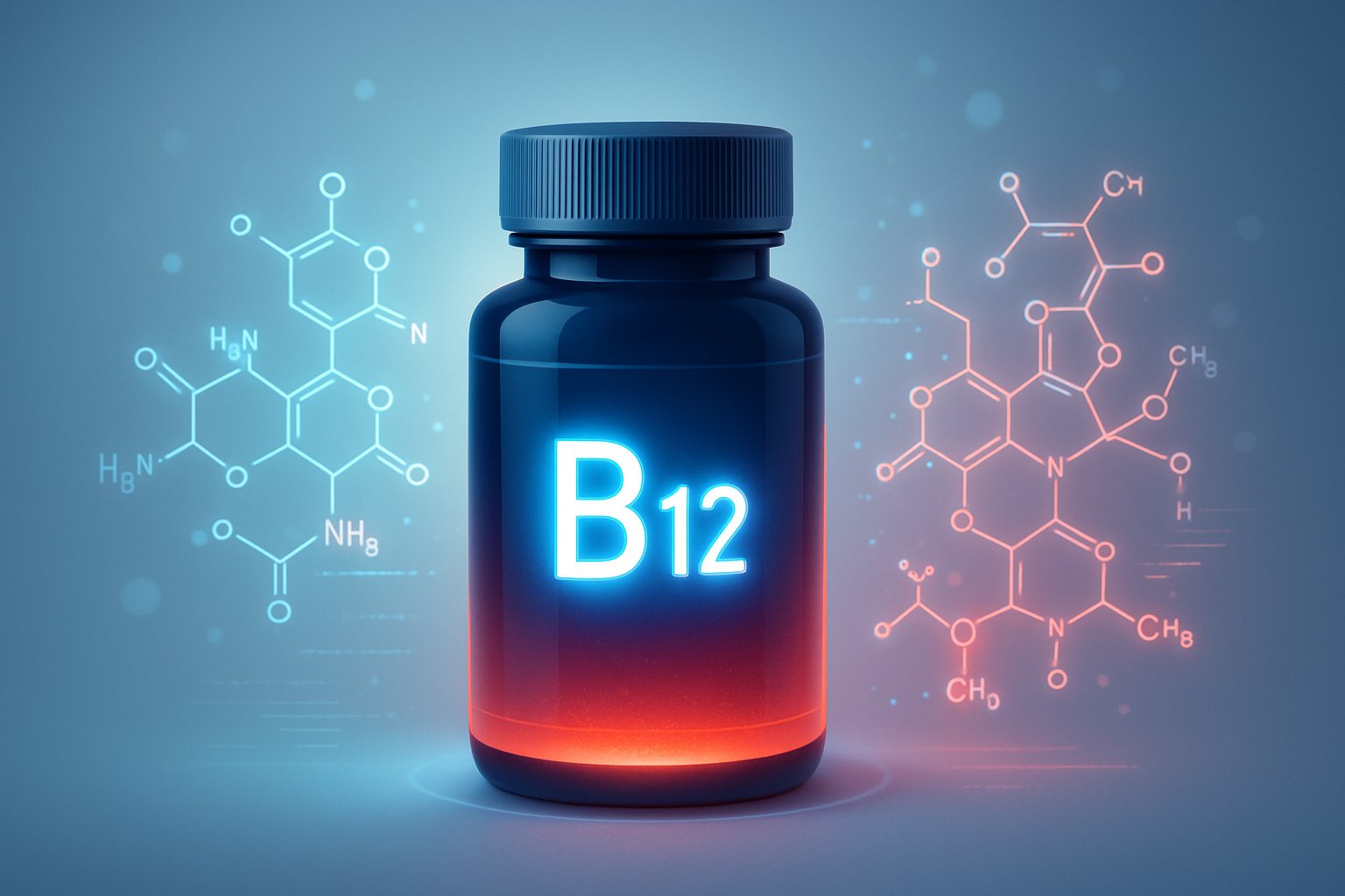 En illustration av en modern vitamin B12-flaska med abstrakta molekylstrukturer och ljuseffekter i bakgrunden.