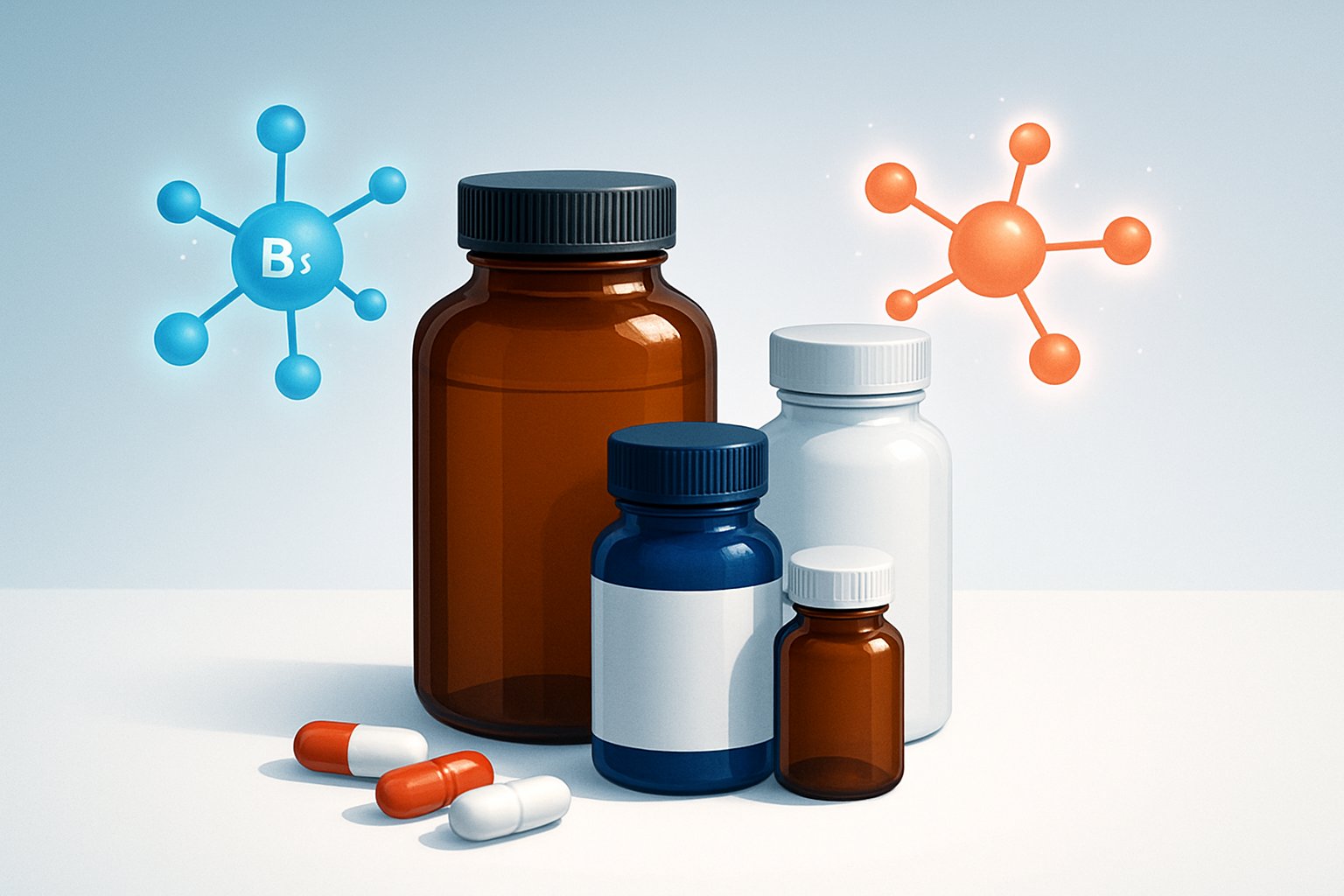 En illustration som visar olika vitamin B12-kapslar och flaskor tillsammans med molekylstrukturer på en ljus bakgrund.