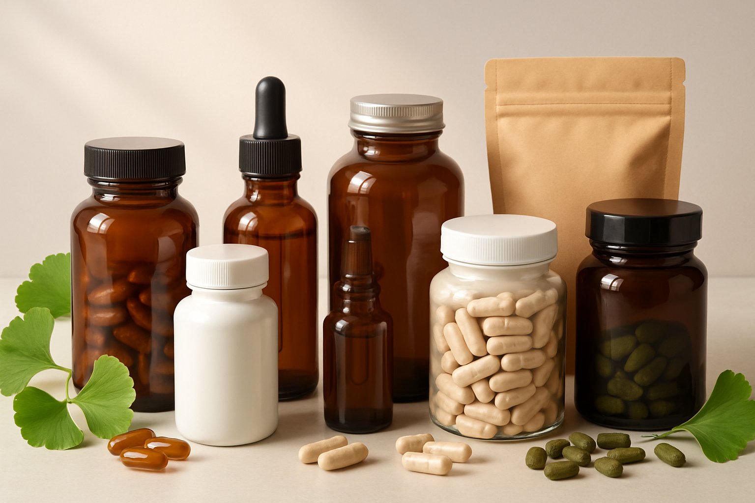 Sju olika Ginkgo Biloba-produkter arrangerade tillsammans med Ginkgo Biloba-blad på en ren yta.