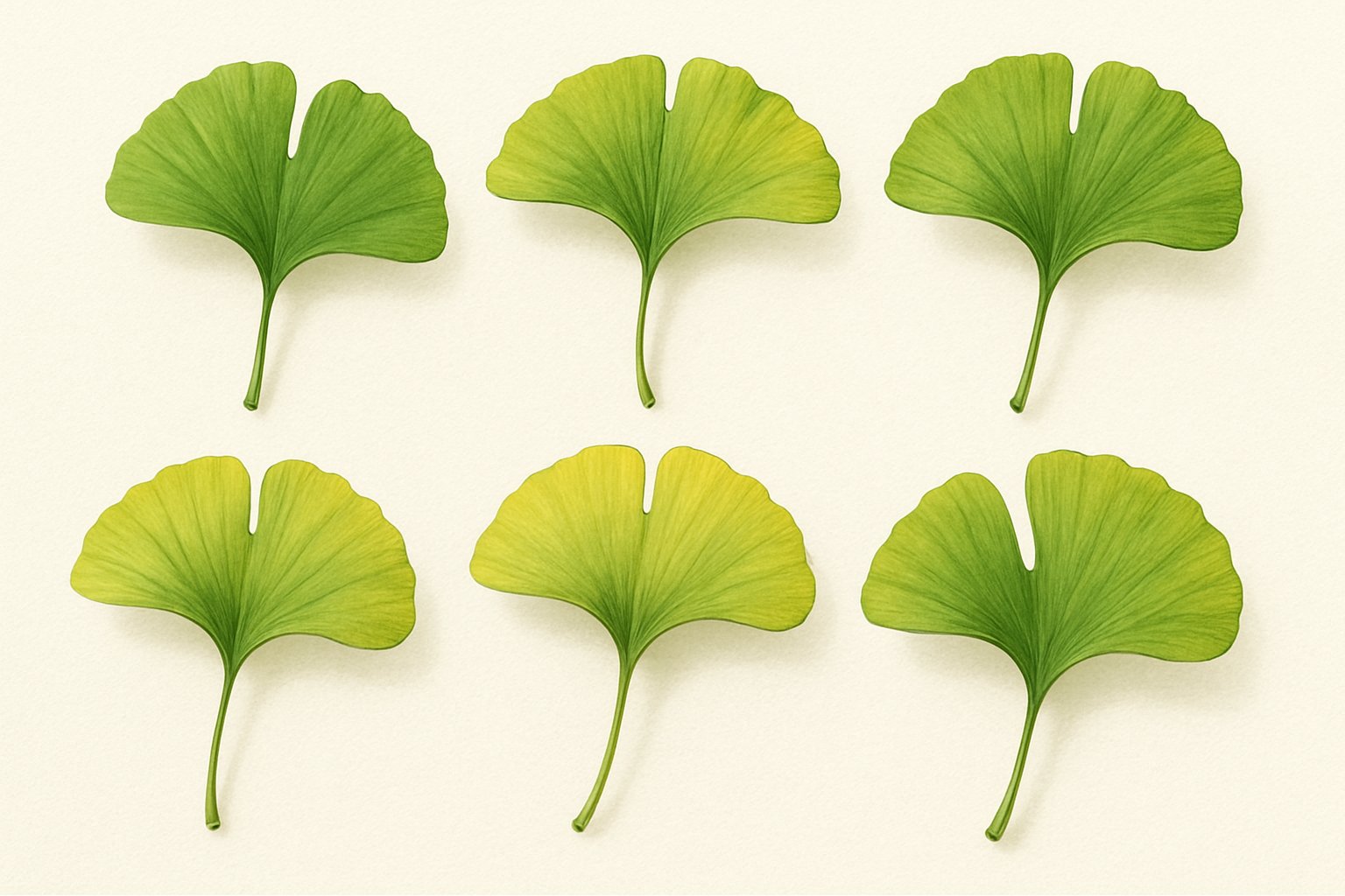 Sju olika ginkgo biloba-löv arrangerade på ett ordnat sätt mot en neutral bakgrund.