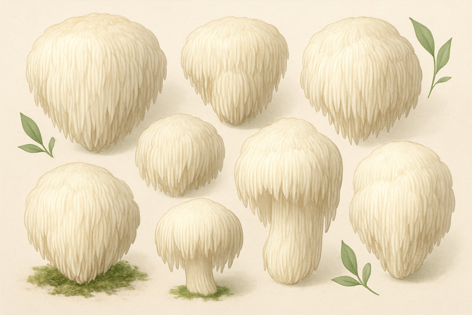 Sju olika Lion's Mane-svampar arrangerade på en neutral bakgrund med gröna blad och mossa runtomkring.