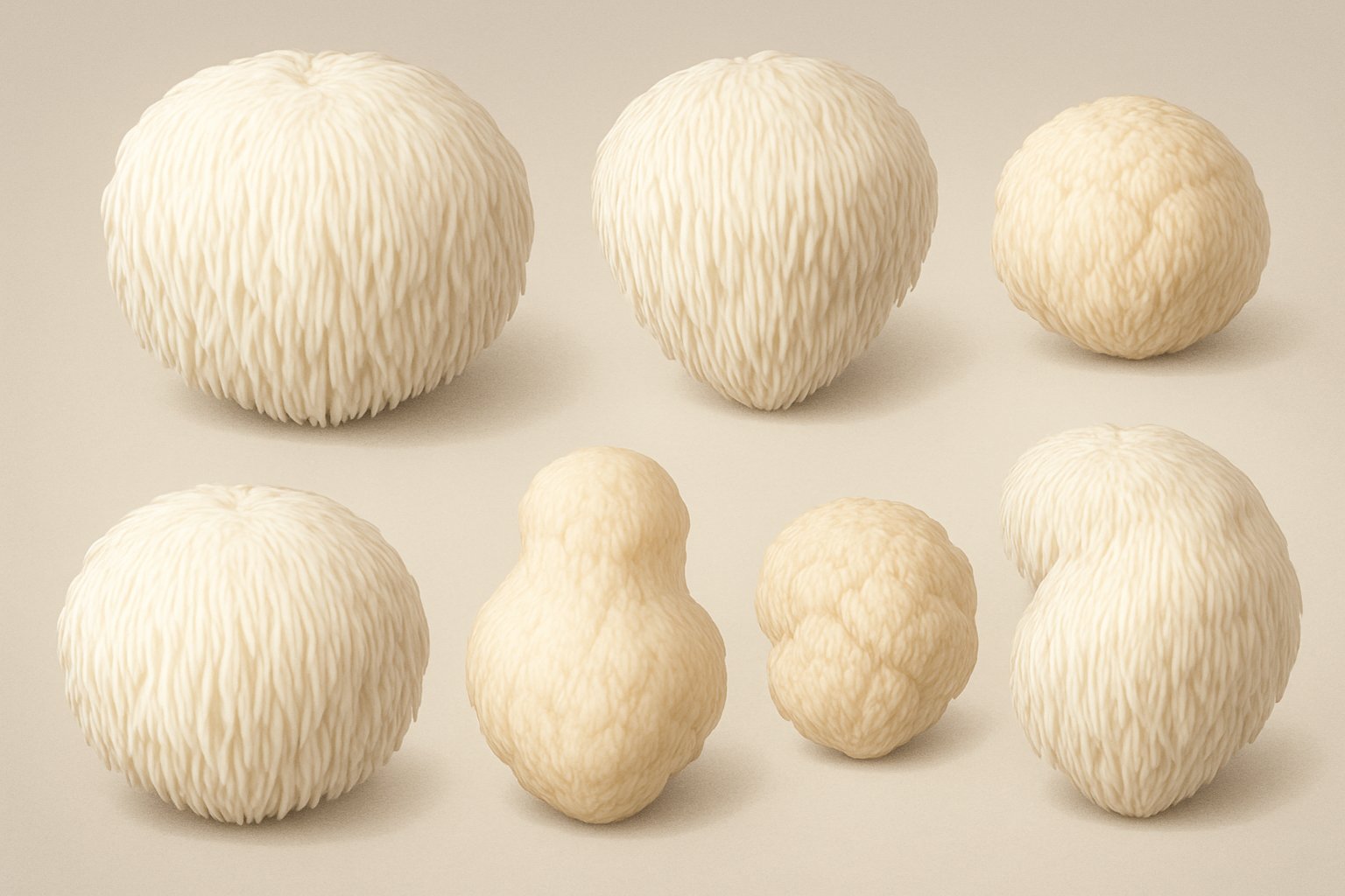 Sju olika lejonmanemusslor arrangerade jämnt på en neutral bakgrund.