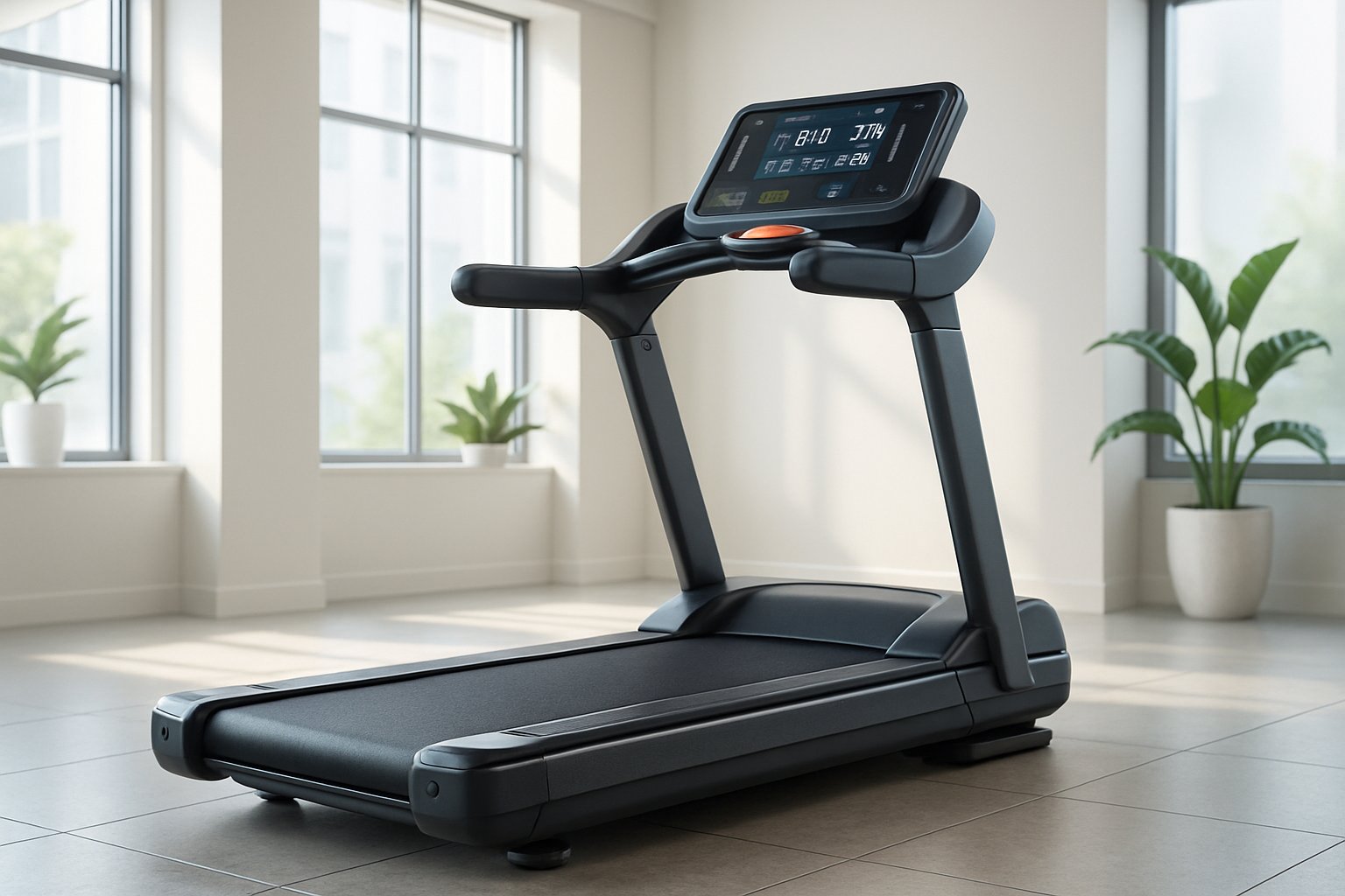 En modern löpband i ett ljust gym med stora fönster och gröna växter.