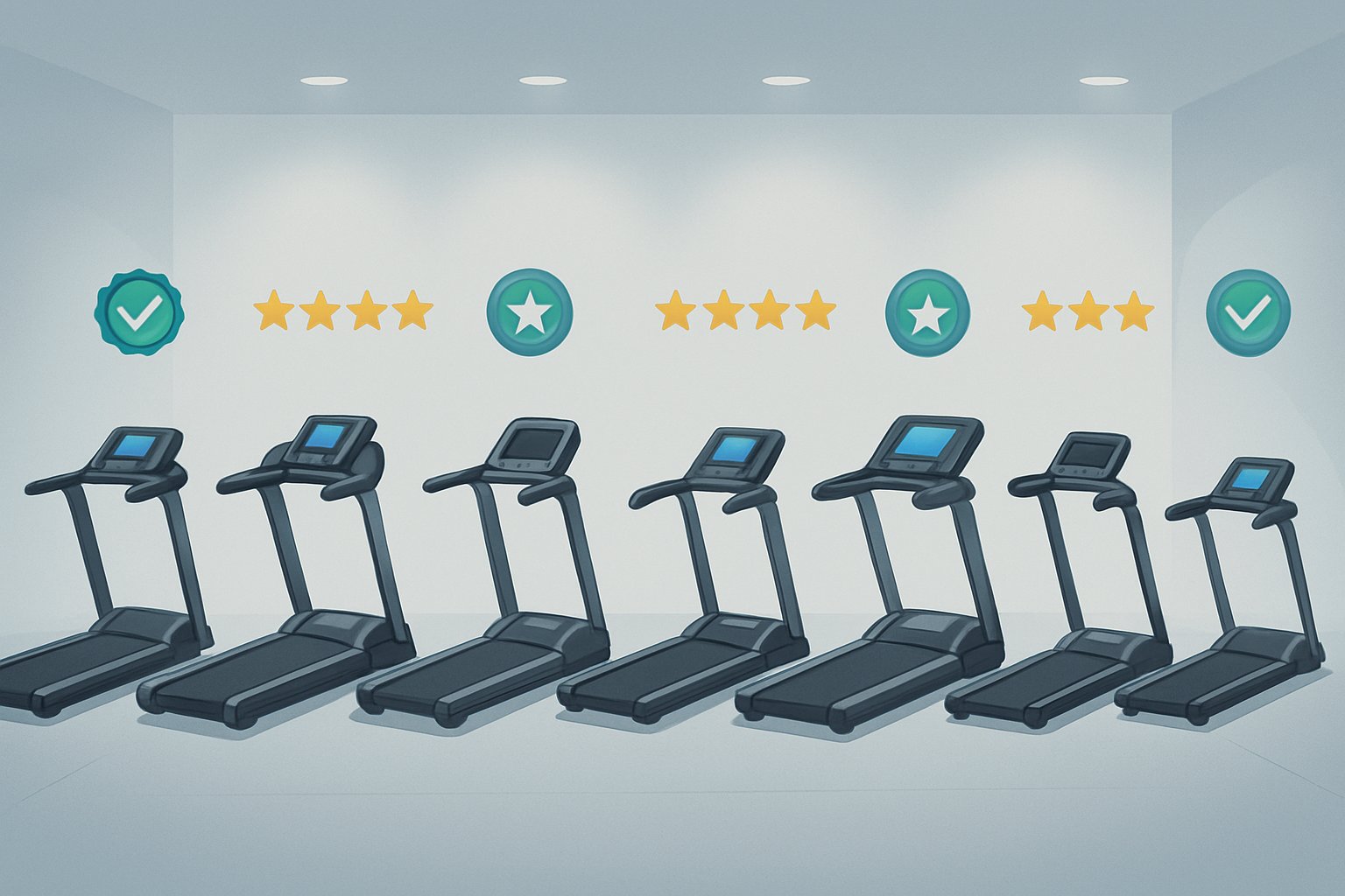 Sju olika gåband uppradade sida vid sida i en showroommiljö, med tydliga skillnader i design och funktioner.