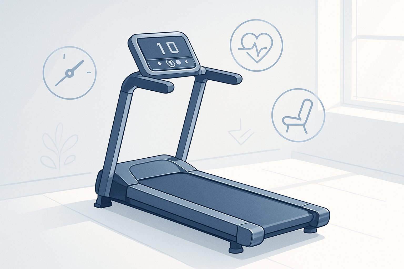 Ett modernt gåband i ett ljust hemmagym med digitala kontroller och naturligt ljus.