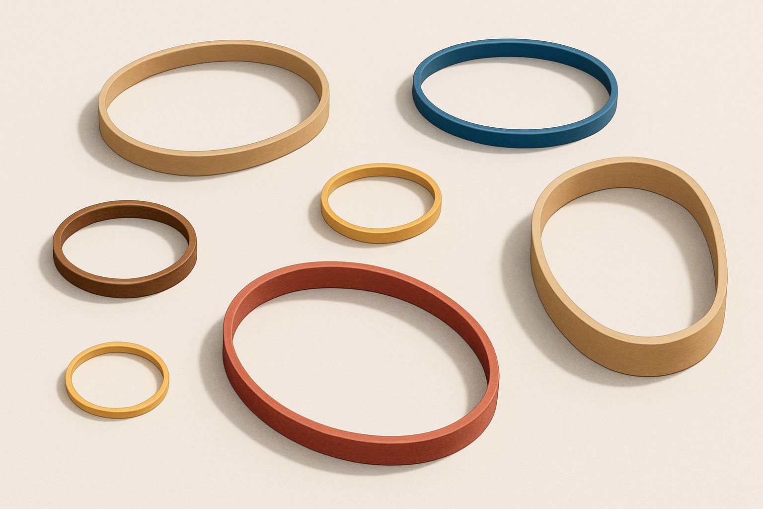 Sju olika gummiband i varierande storlekar och färger upplagda på en ljus bakgrund.