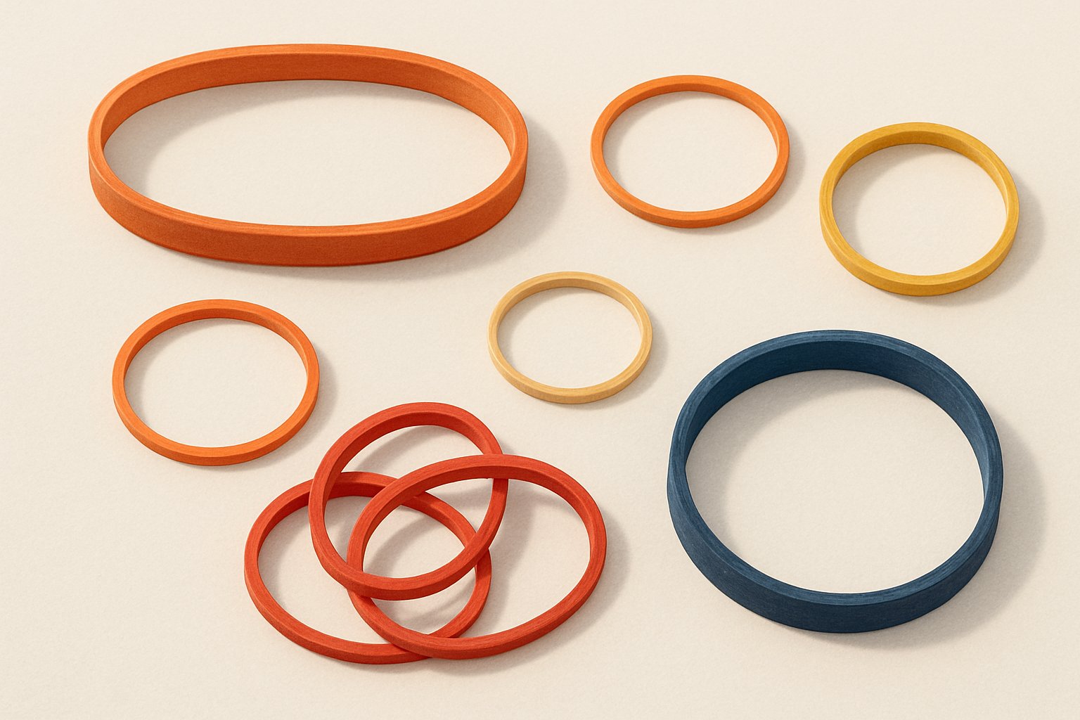 Sju olika gummiband i varierande storlekar och färger arrangerade sida vid sida för jämförelse.