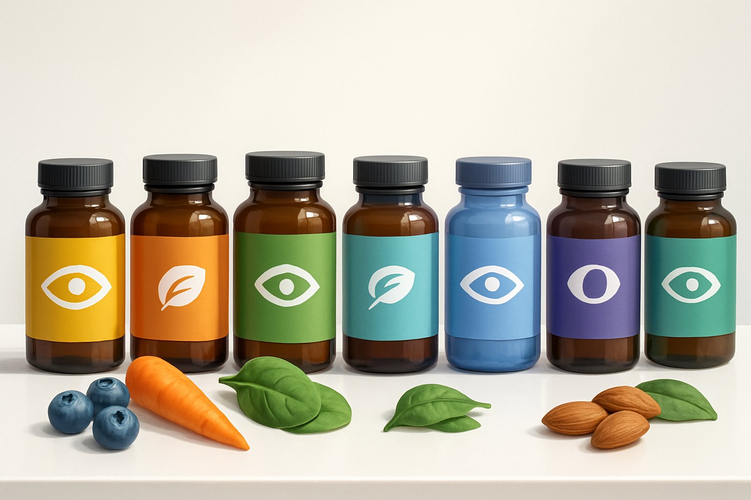 Sju olika vitaminflaskor för ögonhälsa arrangerade på en vit yta med blåbär, morötter, spenatblad och mandlar runtomkring.