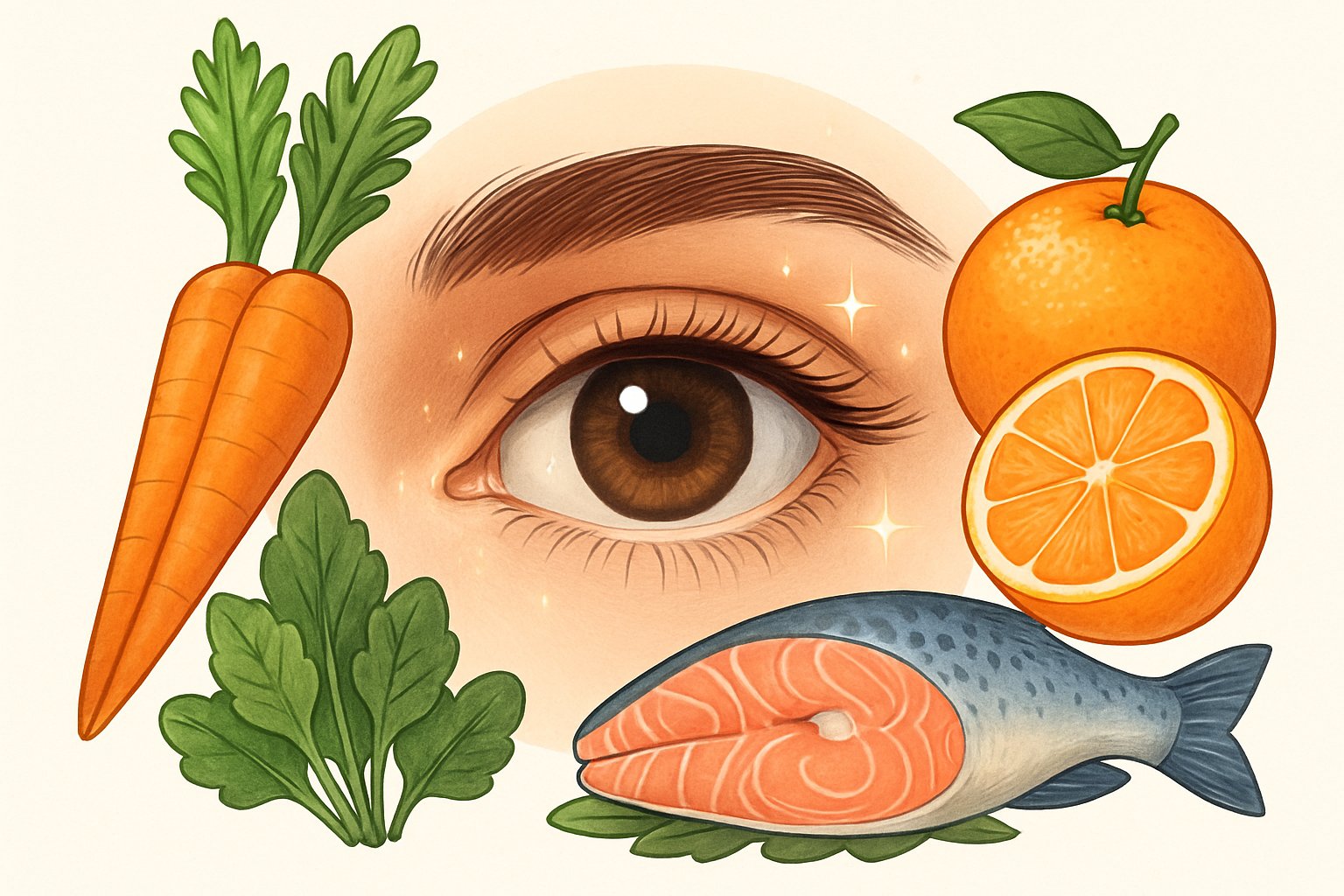 Närbild av ett friskt öga omgivet av olika vitaminrika livsmedel som morötter, gröna bladgrönsaker, apelsiner och fisk.