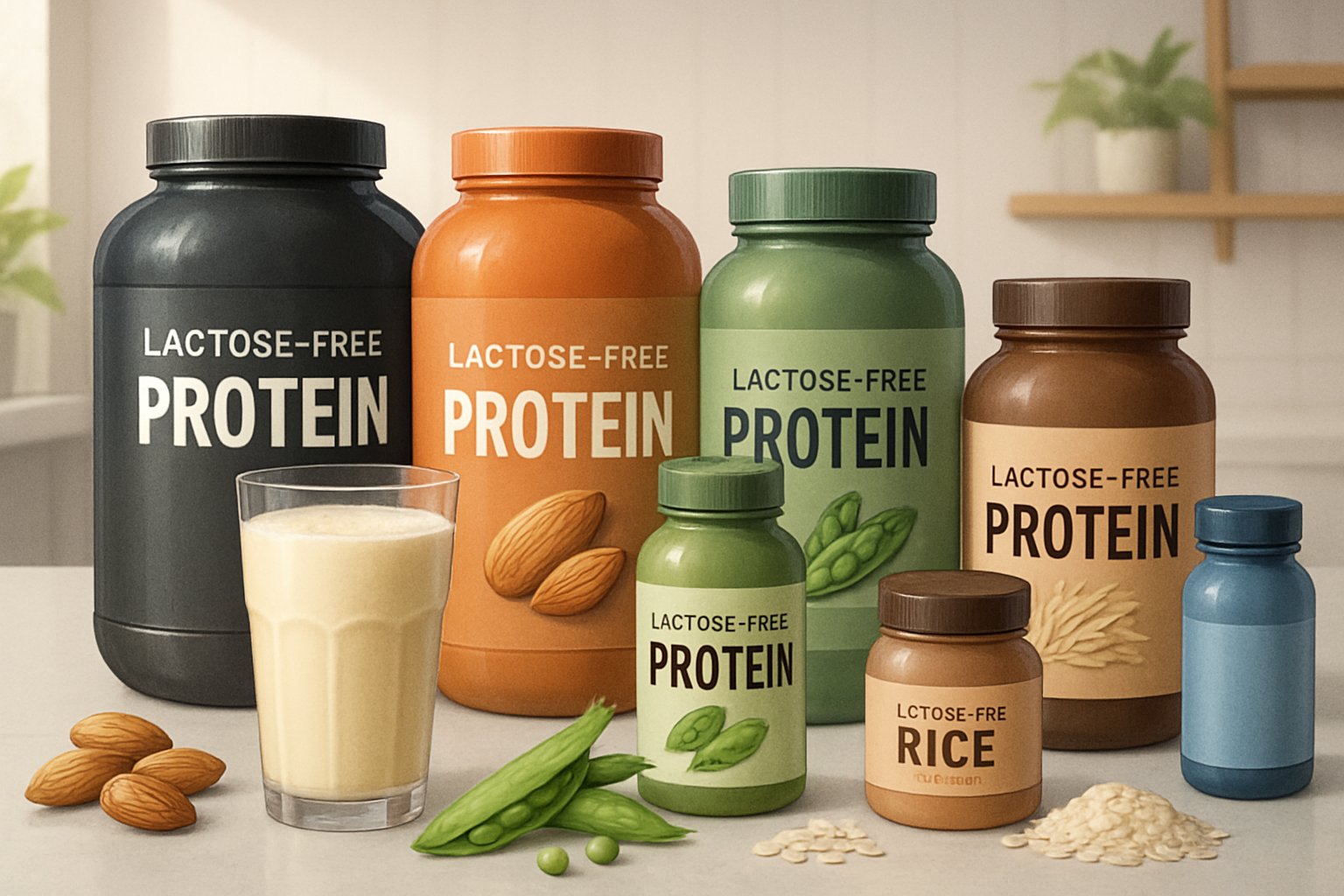 Sju olika burkar med laktosfritt proteinpulver på en köksbänk med en proteinshake och färska ingredienser runt omkring.