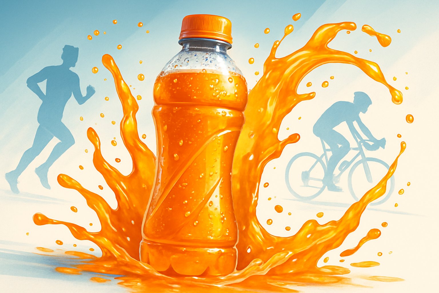 En sportdryck i en flaska med orange vätska och droppar, omgiven av vätskesplashar och silhuetter av löpare och cyklister i bakgrunden.