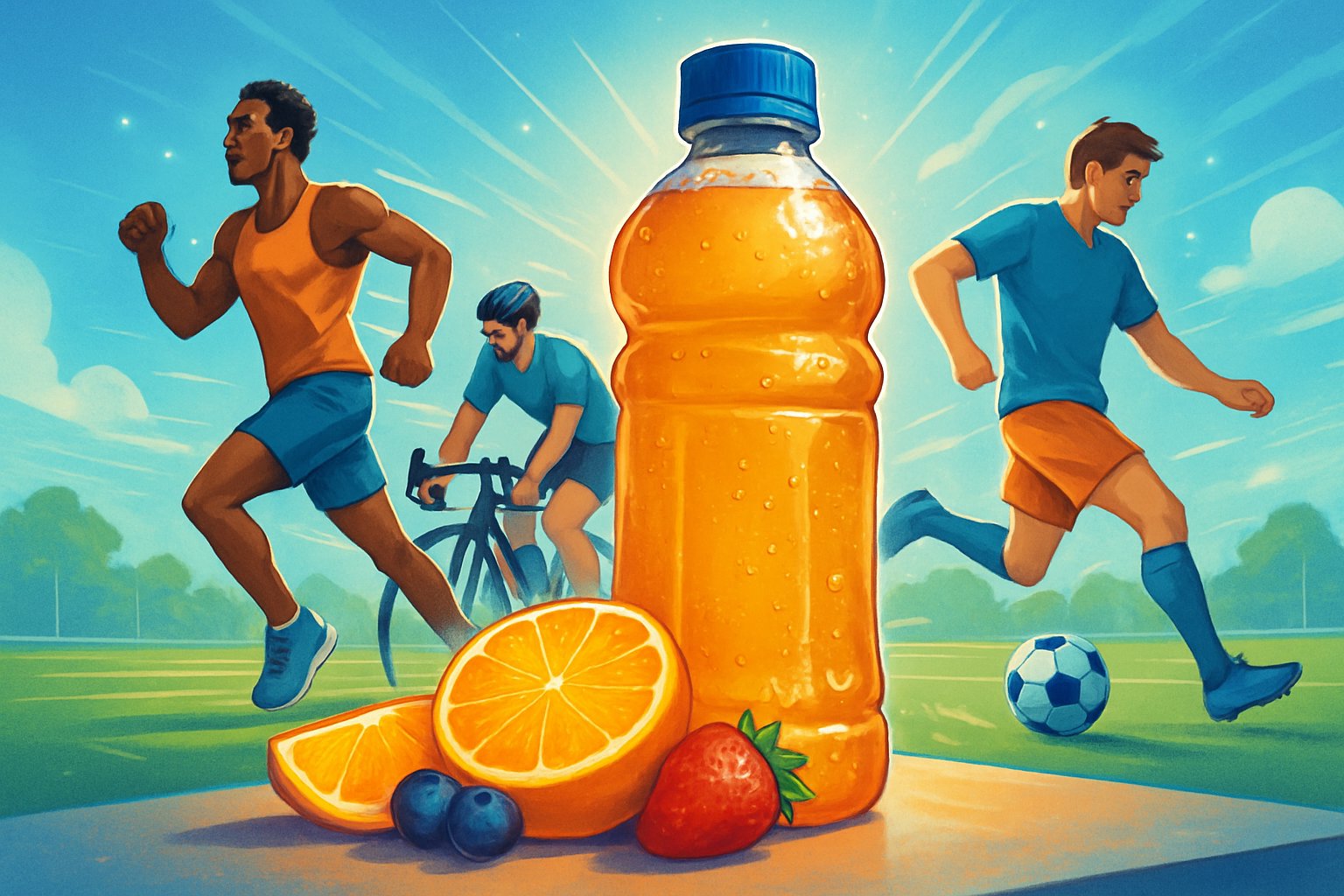 Idrottare som tränar och en flaska sportdryck med frukt bredvid på ett bord.