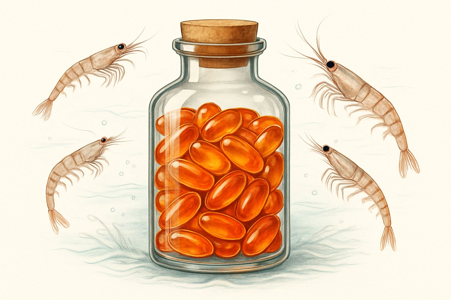 En bild av en glasflaska med gyllene krilloljekapslar och små röda krillräkor runt omkring.