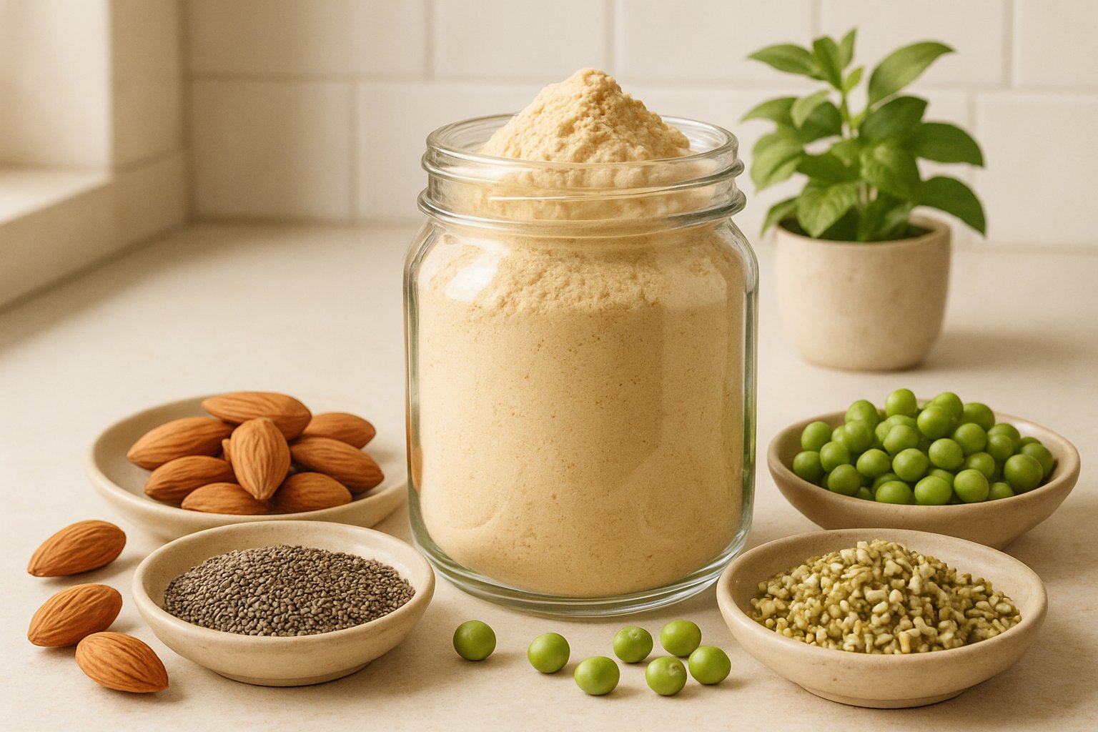 En köksbänk med en glasburk fylld med veganskt proteinpulver och omgiven av olika växtbaserade ingredienser som mandlar och frön.