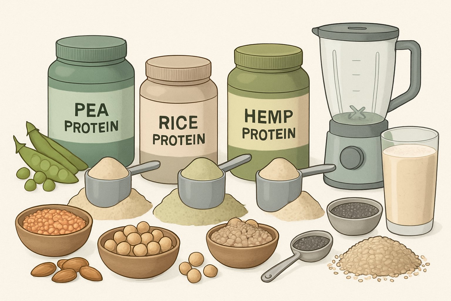 En illustration som visar olika veganska proteinpulver och växtbaserade proteinkällor som linser, kikärter och nötter, arrangerade tillsammans med redskap för proteinshakes.