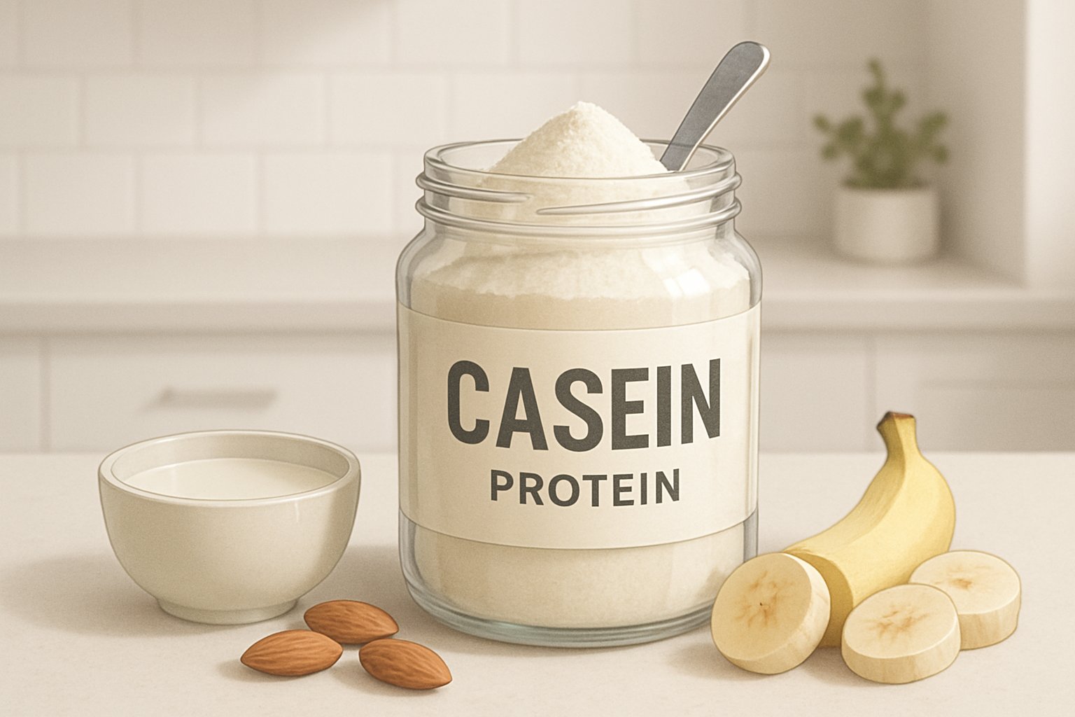En glasburk med vitt kaseinproteinpulver på ett köksbord med en skopa i pulvret, omgiven av mjölk, mandlar och skivad banan.